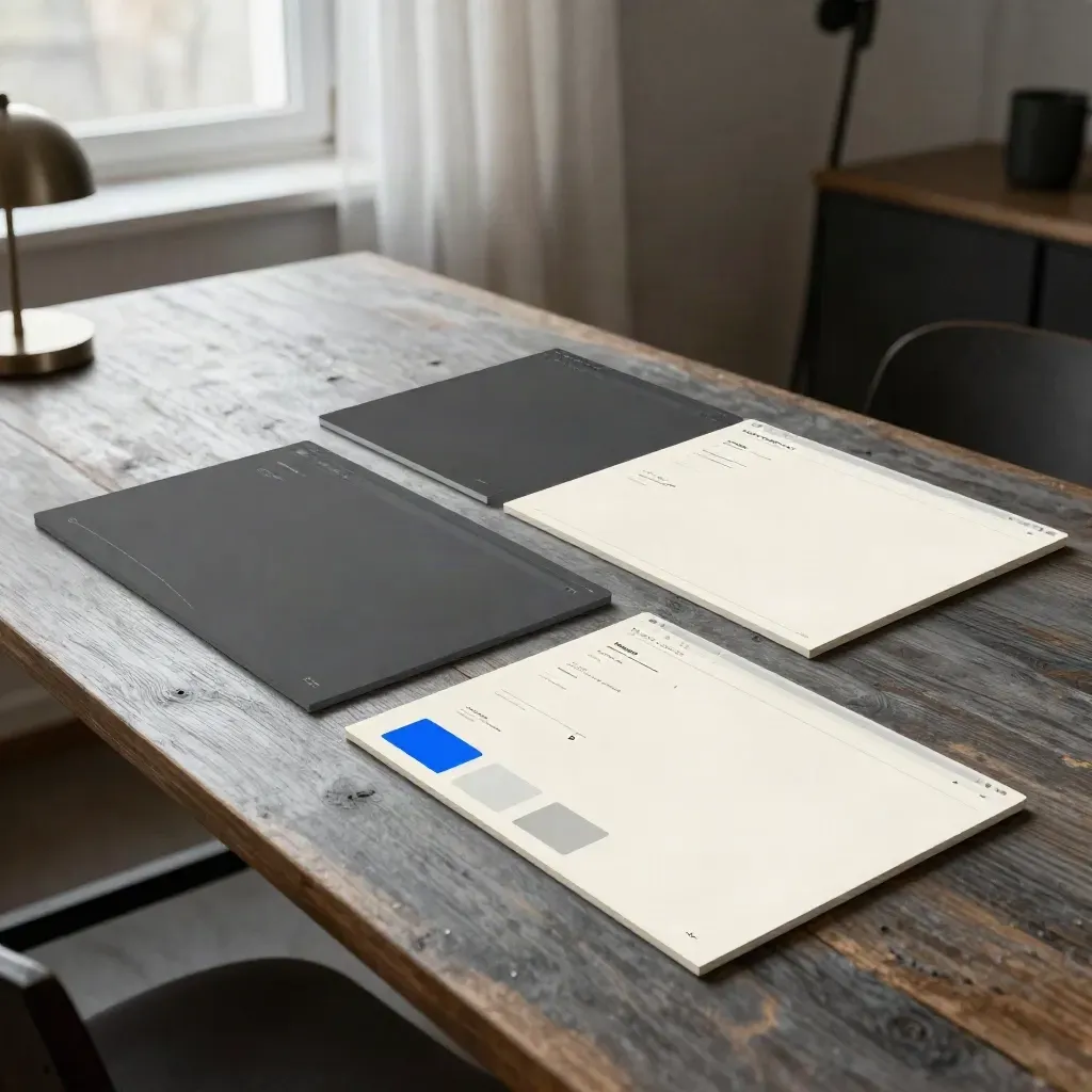 Layout table with homepage cards, browser mockups, and blue chips in gray morning light.