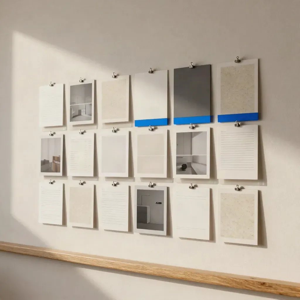 Sunlit modular homepage cards pinned on a travertine wall with blue accents and soft haze.