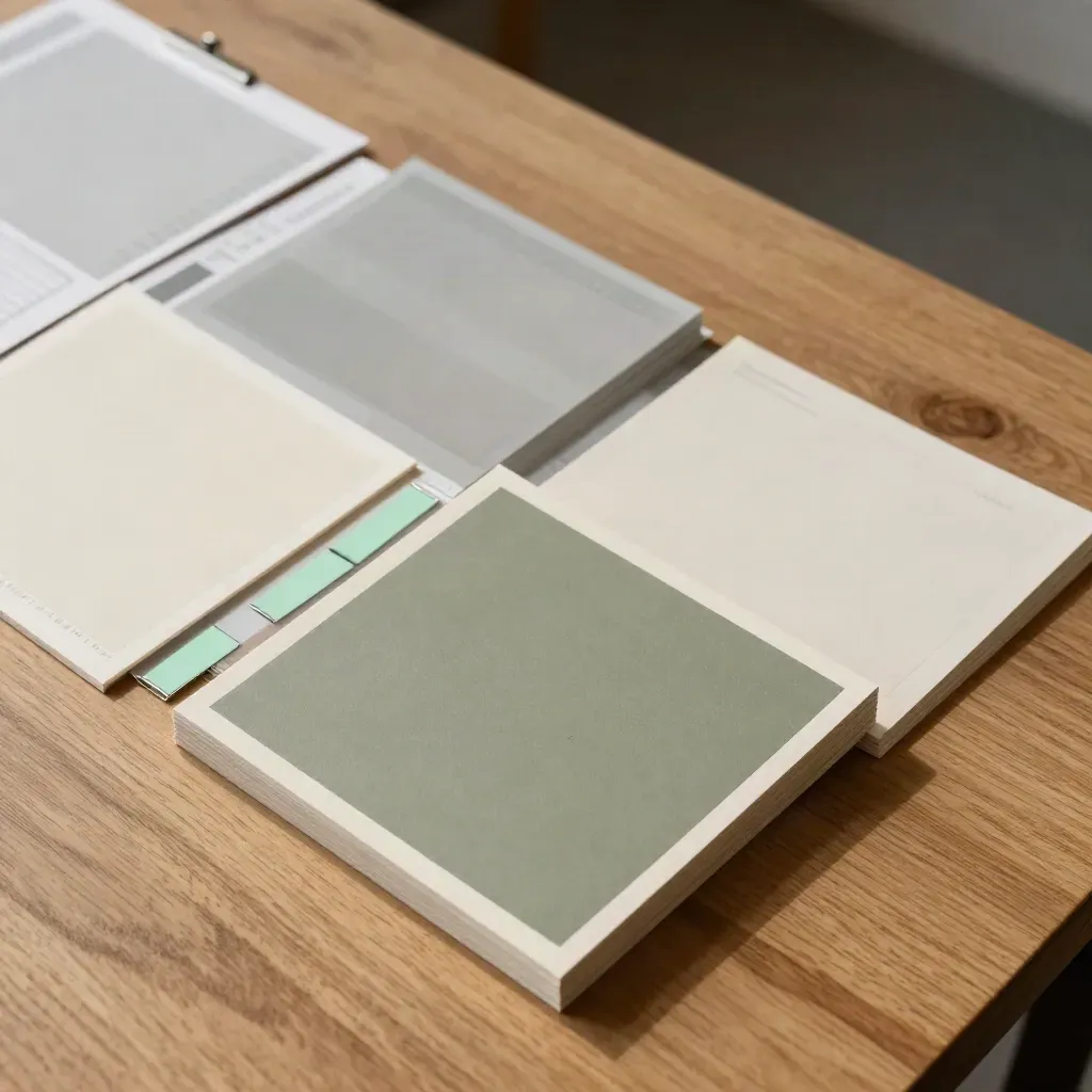 Top-down social post pack cards, mint chips and proof sheets fanned across a khaki desk.