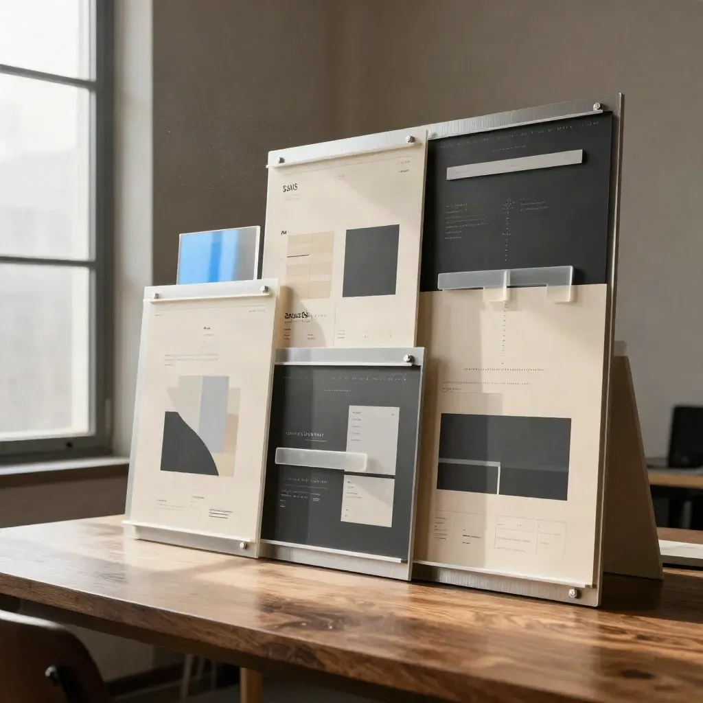 SaaS homepage layout boards and spacing strips by a tall window, low editorial angle.