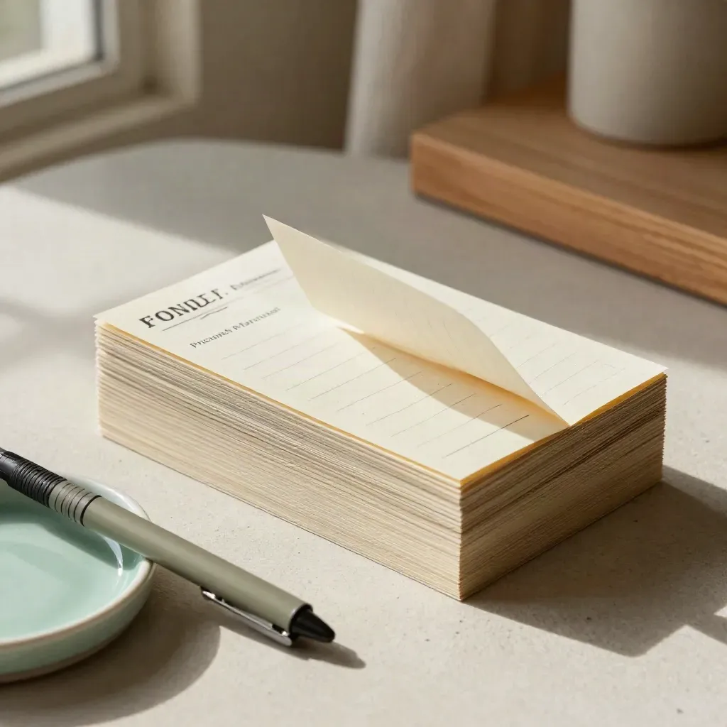Folded founder note cards, pen, and mint dish on a pale desk in warm window light.