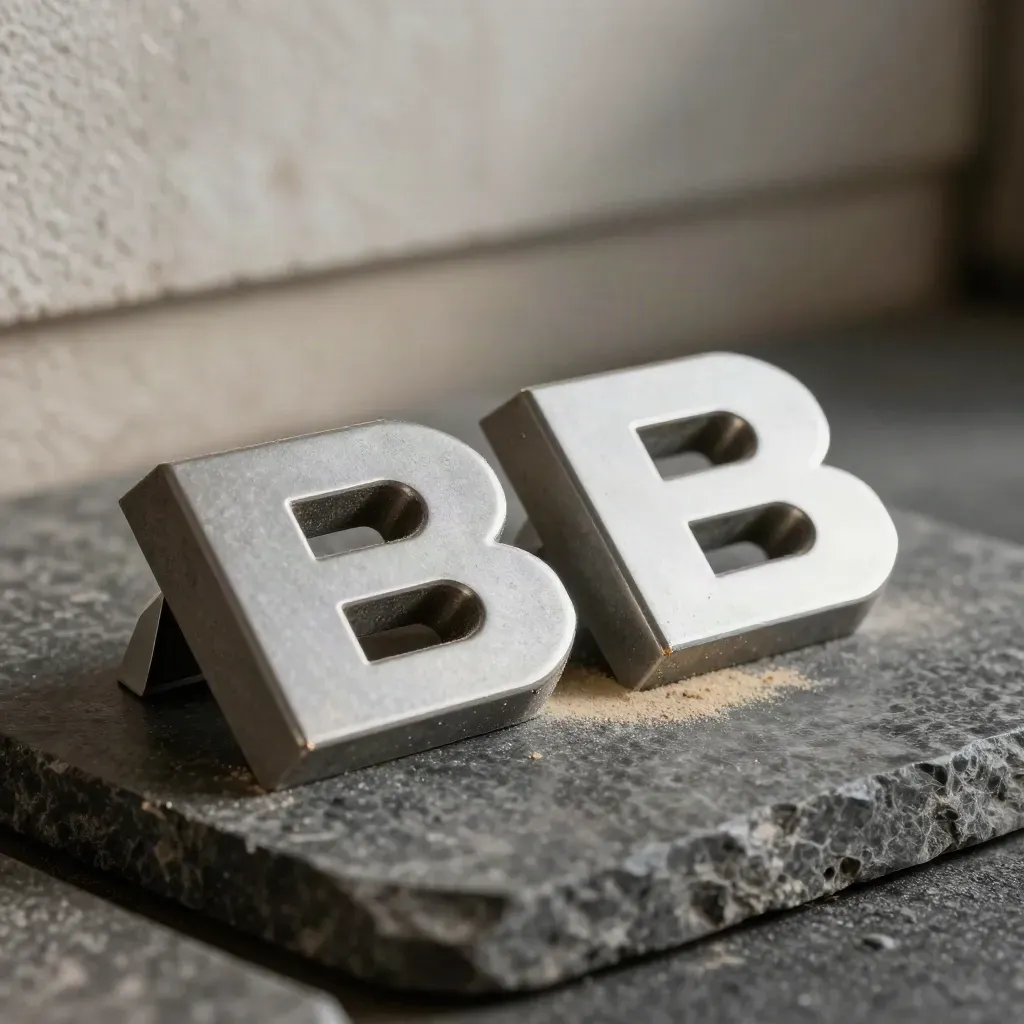 Rough-cut logo plate beside a refined geometric mark with sanding dust on a charcoal bench
