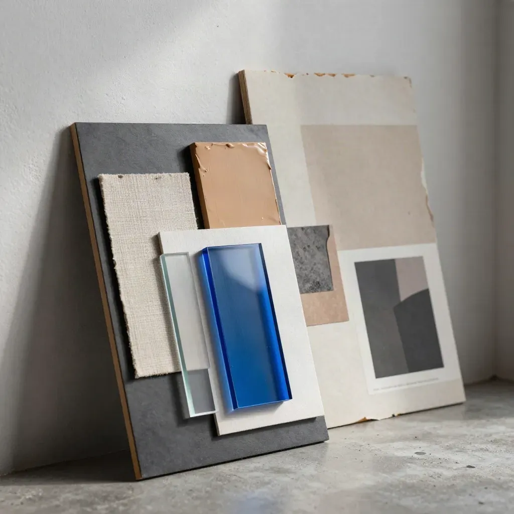 Macro of before-and-after case study boards with swatches and blue glass in moody studio light