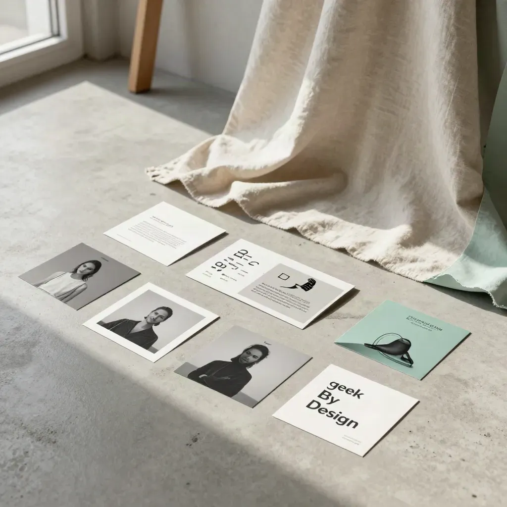 Top-down launch pack with social cards, banner strips, and folded cloth on concrete